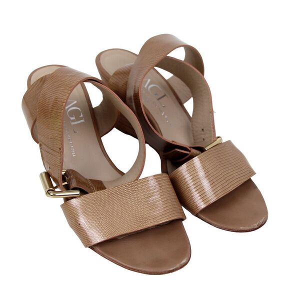 AGL BEIGE GENUINE PATENT LEATHER OPEN TOE MIDDLE HEEL WEDGE SHOES SIZE 36 1/2 - Picture 2 of 10